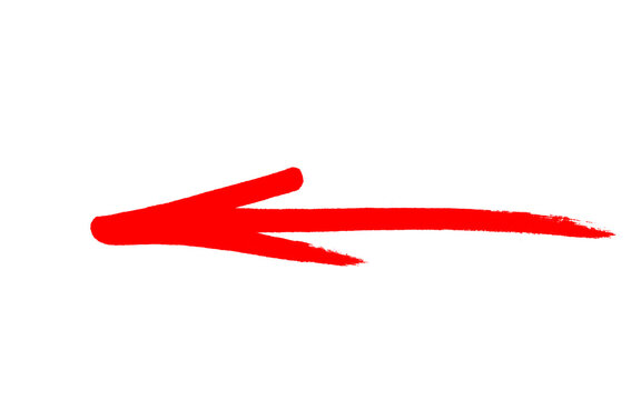Bold red brush stroke arrow pointing left, thick hand painted straight pointer with rough ink edges, red ink vector isolated on white background for infographic, presentation, banner and web design