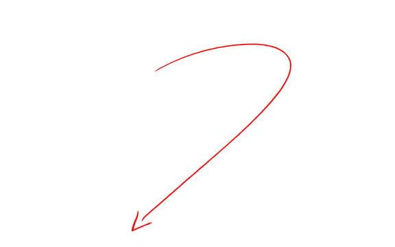 Thin red curved arc arrow hand drawn with delicate brush line pointing down left, elegant sketch, red ink vector isolated on white background for infographic, presentation, banner and web design
