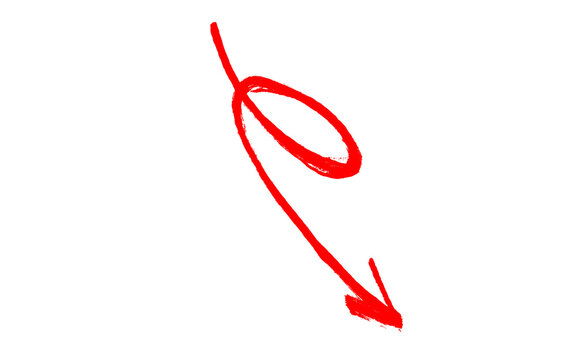 Hand drawn red loop arrow with swirl and pointed arrowhead, brush stroke doodle pointing down right, red ink vector isolated on white background for infographic, presentation, banner and web design