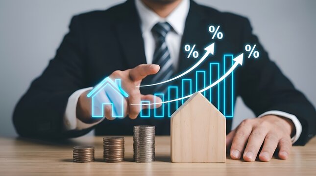 Professional Financial Advisor Analyzing Rising Real Estate Mortgage Interest Rates and Property Investment Growth Charts