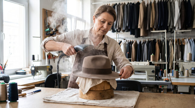 Milliner using steam machine to reshape felt hat in costume workshop. Concept of wardrobe, hat maker, shaping hat, tailoring atelier, garment care, millinery.