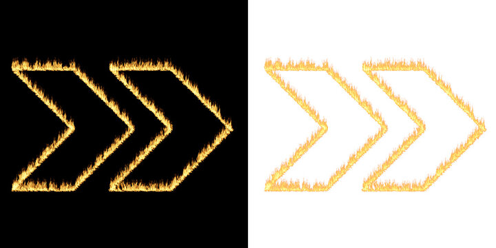 Double arrow symbol with flaming texture and pixelated orange version on split background isolated on a transparent background
