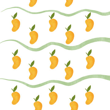 Seamless pattern of mangoes with green waves on white background