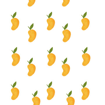 Seamless pattern of mango fruit with leaves on white background