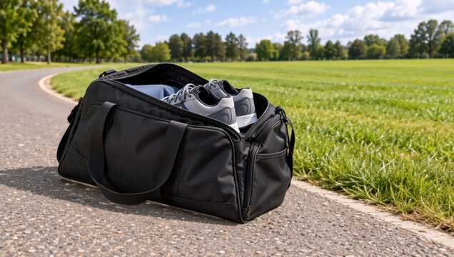 Black duffel bag with sneakers on a park path. Open gym bag with athletic shoes on asphalt next to grass