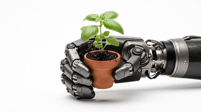 Robotic prosthetic hand holding a small green plant with soil and leaves