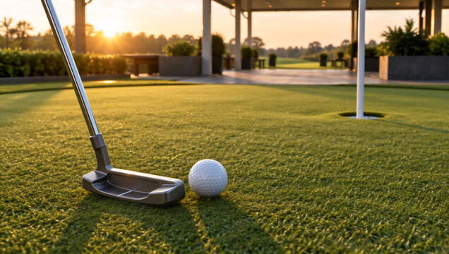 Golf putter and ball on a green putting green. Golf course hole with flag at sunset