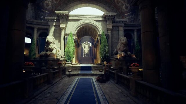 grand marble hall with sunlit archway, blue carpet leading to distant statue, towering columns, sculpted lions, lush potted greenery, warm golden lighting,