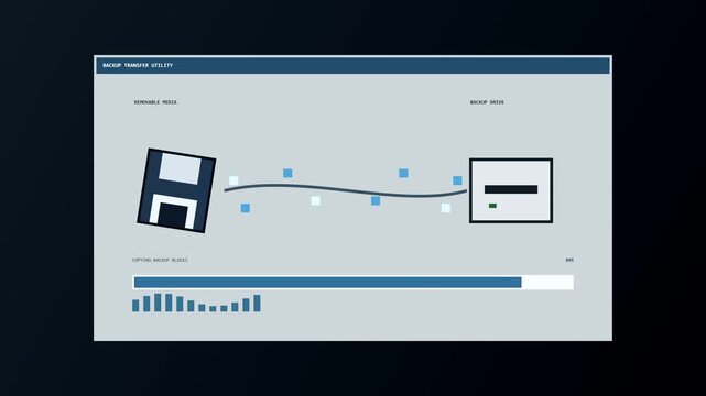 Data backup animation with floppy disk and progress bar