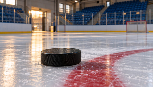 Black hockey puck on an ice rink surface near a red line. Empty sports arena with blue stadium seats
