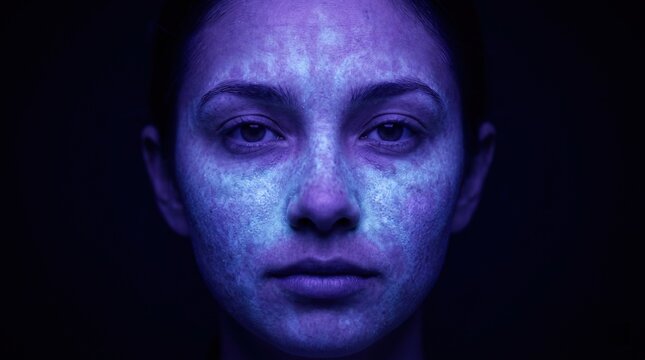 Close up of woman face under UV black light revealing skin texture and sun damage for dermatological analysis