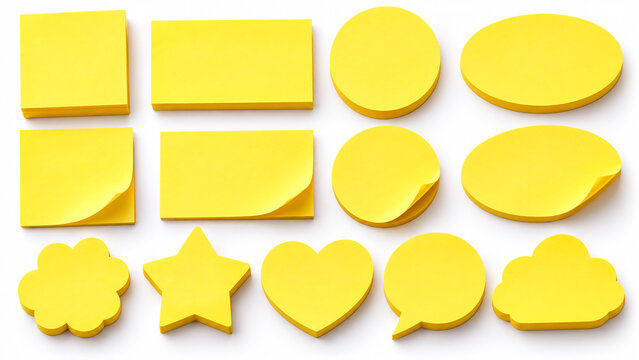 Set of yellow sticky notes in various shapes isolated on white
