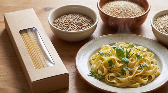 Cooked Fettuccine Pasta on Plate Beside Spaghetti Packaging and Bowls of Dry Grains. Concept of noodles, italian food, cardboard box.