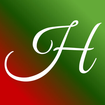 Elegant handwritten letter H displayed in white script font against a vibrant gradient background with deep red and forest green