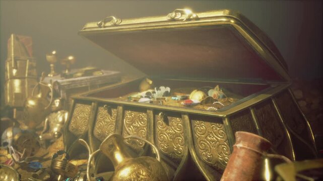 gold treasure spilling from chest, overflowing with coins, goblets, gems, skulls and ornate crowns, dim torchlight and dusty vault atmosphere, rugged hoard