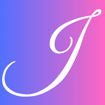 Elegant handwritten letter J displayed in bright white cursive typography against a vibrant gradient background blending purple blue and pink