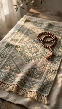 Prayer mat with wooden tasbih beads in soft window light