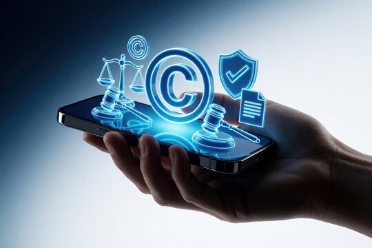 Hand holds smartphone with glowing blue copyright symbols, legal icons. Digital protection concept shows scales of justice, gavel, shield on screen. Mobile app manages intellectual property, law