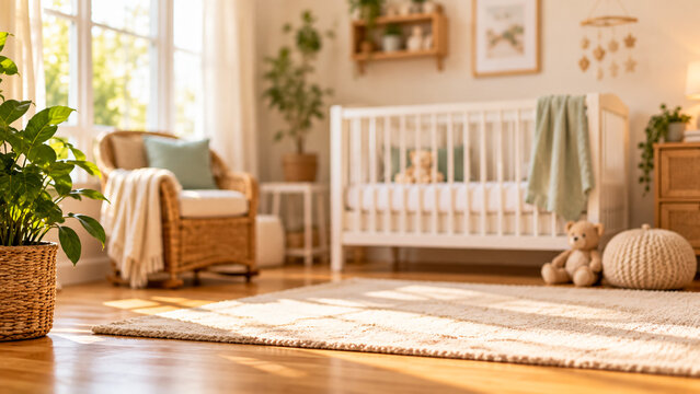 Cozy modern nursery room with white crib and wicker chair in sunlight