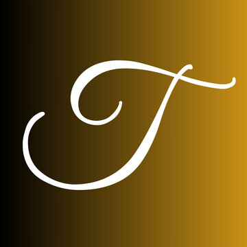Elegant handwritten letter T calligraphy script isolated on a smooth gradient background featuring deep dark amber and golden light tones