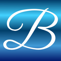 Elegant letter B written in white cursive script typography centered against a vibrant glossy blue background with smooth gradient lighting effects © Harsh