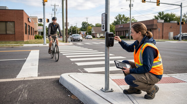 Traffic engineer testing smart pedestrian crosswalk sensor on city street intersection. Concept of pedestrian crossing, traffic safety, urban planning, technician.