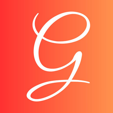 Elegant letter g written in a beautiful white cursive calligraphy script style against a vibrant red and orange gradient background