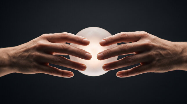 Two hands reaching toward mysterious glowing sphere with intense focus and hopeful energy in dark atmosphere