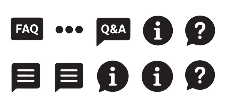 Set of faq q and a info speech bubble icons with black elements for knowledge base and documentation web design.