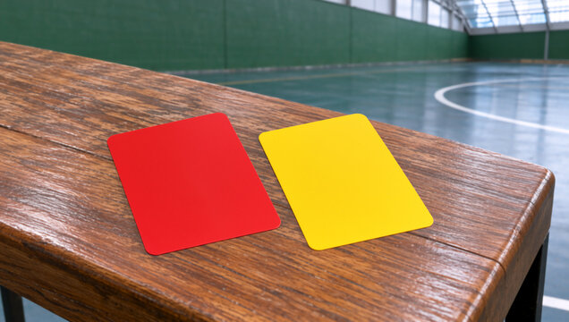 Red and yellow referee cards on a wooden bench. Penalty cards in an indoor sports court. Soccer and futsal referee concept