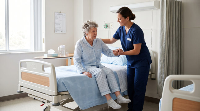 Kind nurse helping patient sit up in hospital bed with gentle care, showing supportive assistance to senior woman in medical facility