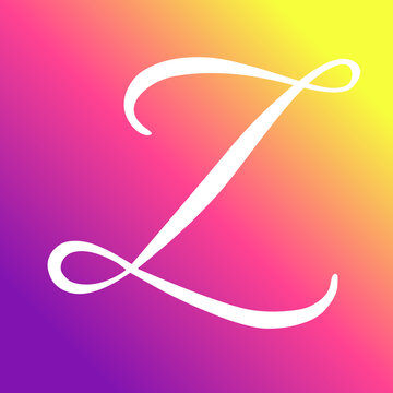 Elegant letter z written in flowing white cursive font centered against a vibrant multicolored gradient background featuring bright rainbow colors