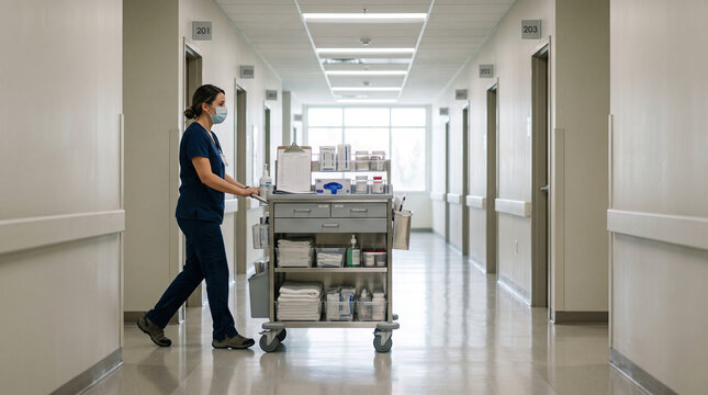 Focused professional nurse walking hospital corridor with medical cart, calm caregiver moving equipment, diligent person working inside facility