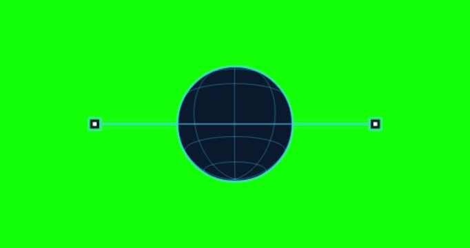Six dark blue circular grid spheres with horizontal lines and nodes on a bright green chroma key background. Perfect for science fiction movie production.