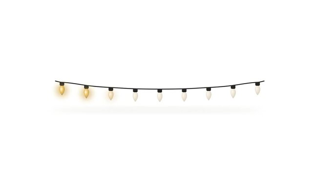 Minimal Christmas light string with warm champagne bulbs illuminating in a sequential cascade on a transparent background, creating an elegant overlay motion background for video editing, holiday adve