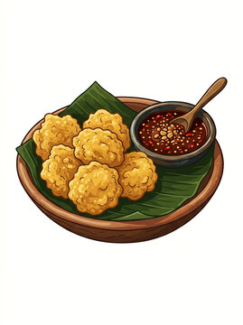 Cireng Indonesian crispy fried tapioca cake with spicy chili dip vector icon illustration