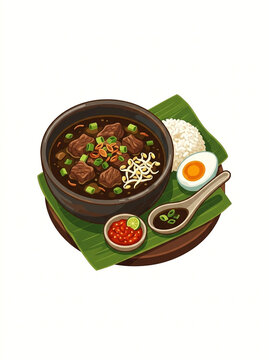 Rawon East Java traditional aromatic black beef soup bowl vector icon illustration