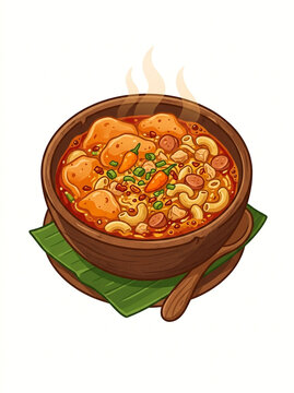Seblak Bandung spicy Indonesian wet cracker soup stew vector icon illustration