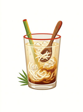 Fresh young green coconut drink with straw vector icon illustration