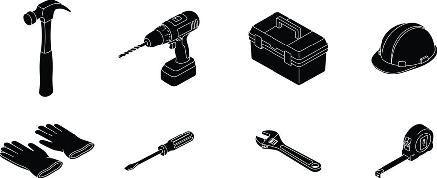 Isometric home improvement construction tools and carpentry workshop black silhouette vector icon set