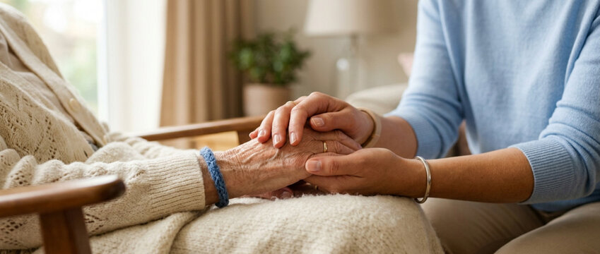 Caring hands holding elderly woman's hand, symbol of support and comfort