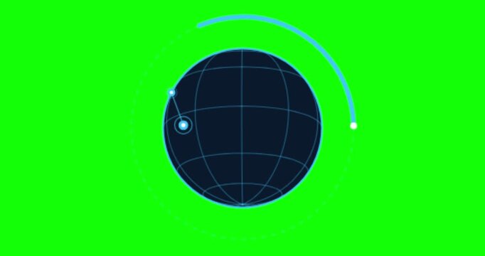 Six dark blue digital spheres featuring cyan grid lines and orbiting data points on a solid chroma key green background. Ideal for futuristic technology and data visualization video overlays.