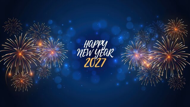 Happy new year 2027 celebration greeting card with golden fireworks on blue background