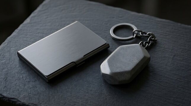 Minimalist Everyday Carry Essentials Featuring a Sleek Metallic Slim Card Holder and a Unique Geometric Concrete Keychain Rested on a Dark Textured Slate Background for Modern Professionals.