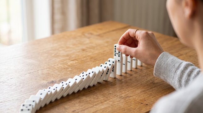Hand stopping domino effect by removing tile, preventing chain reaction failure, crisis management and risk mitigation strategy concept in business or project planning scenario