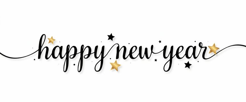 Happy new year calligraphy lettering with gold and black stars isolated on white background