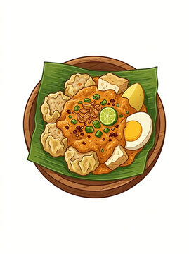 Siomay Bandung Indonesian steamed fish dumplings with peanut sauce vector icon illustration
