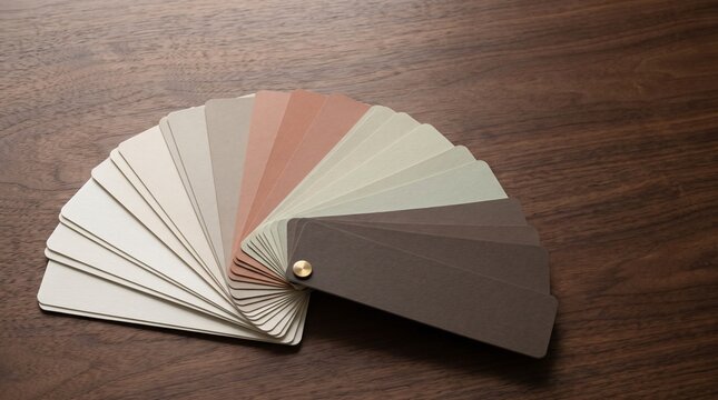 Architectural paint swatch fan deck displaying earthy neutral color palette bound by solid brass screw post on American black walnut drafting desk for interior remodeling and color consulting