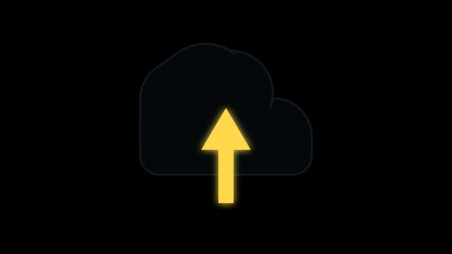 Glowing blue cloud upload icon with yellow arrow loop animation on dark background