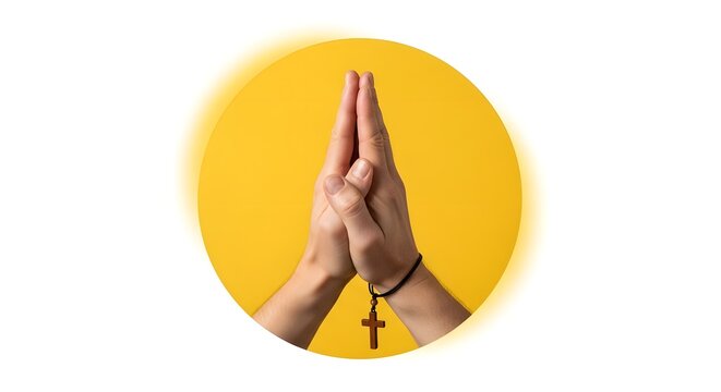 Hands together in prayer with a wooden cross on a yellow background